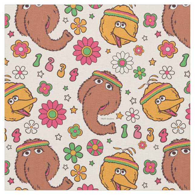 Tela Snuffleupagus y Big Bird Groovy Flower Pattern (De cerca)