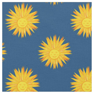 Tela Sol sonriente sobre patrón celestial azul moderno