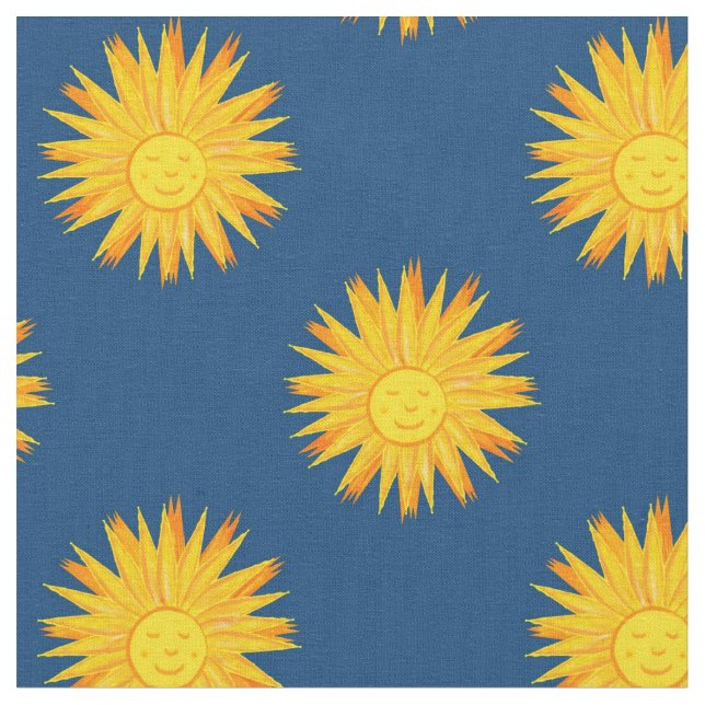 Tela Sol sonriente sobre patrón celestial azul moderno (De cerca)