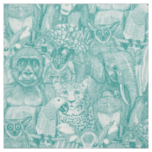Tela solo animales de la selva africana cyan blanco