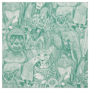 Tela solo animales de la selva africana verde esmeralda