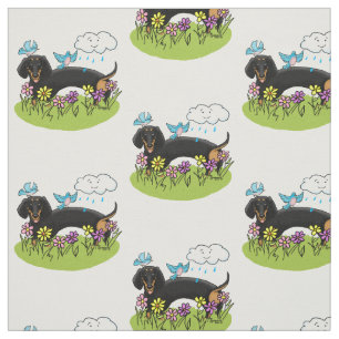 Tela Spring Dachshund (negro y marrón) Perro lindo
