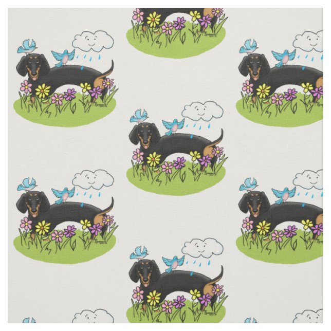 Tela Spring Dachshund (negro y marrón) Perro lindo (Retal)