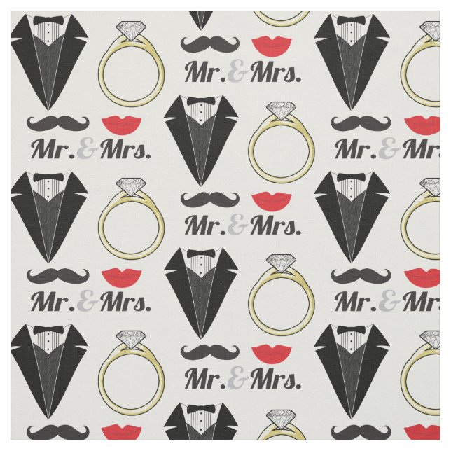 Tela Sr. y Sra. Lips Mustache Ring Tuxedo Boda (Retal)