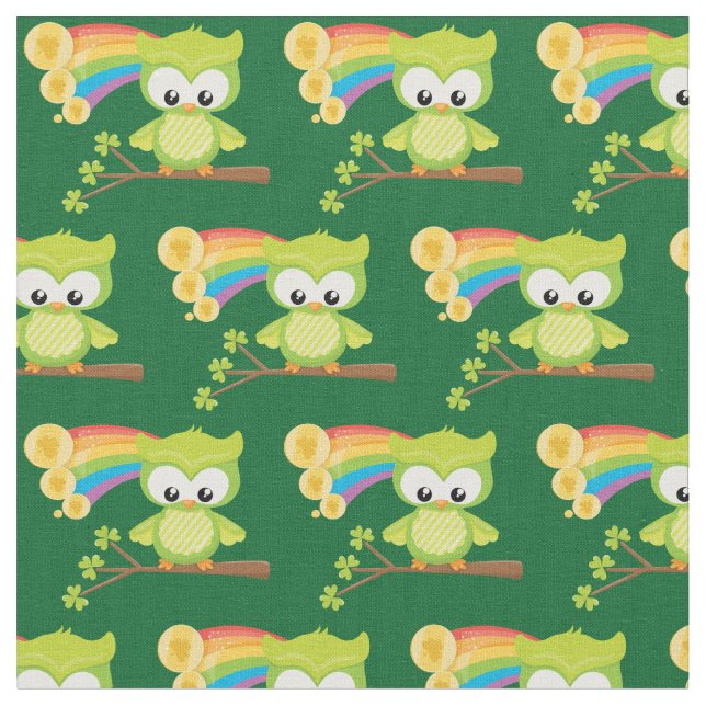 Tela St Patricks Day Cute Lechuza Verde Rainbow Irish (De cerca)
