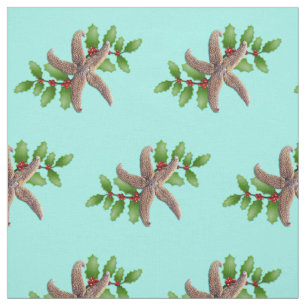 Tela Starfish and Holly Pattern Beach Navidades Seafoam