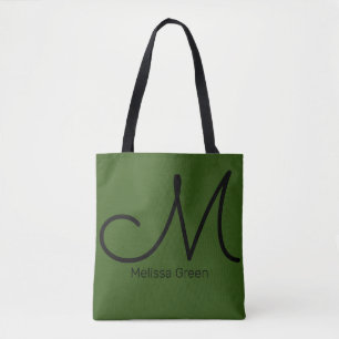 Tela su bolso de tote verde con nombre y inicial
