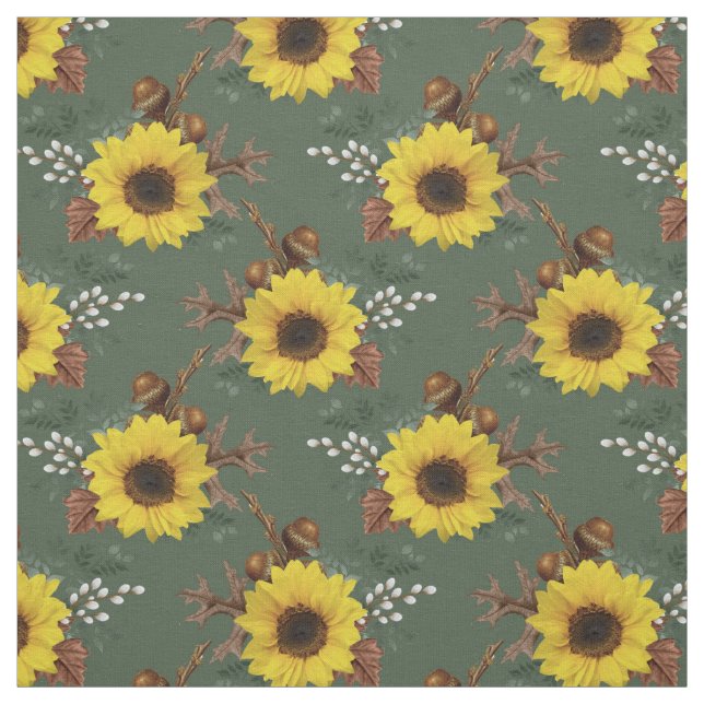 Tela Sunflower y Acorns sobre el verde (Retal)