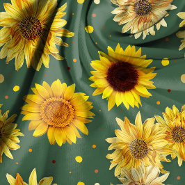 Tela Sunflowers Dots Green Repeating Pattern Fabric