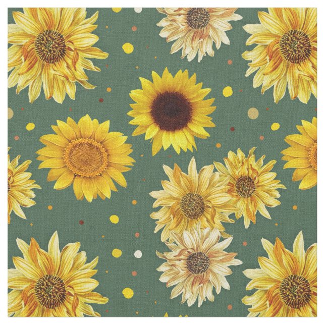 Tela Sunflowers Dots Green Repeating Pattern Fabric (De cerca)