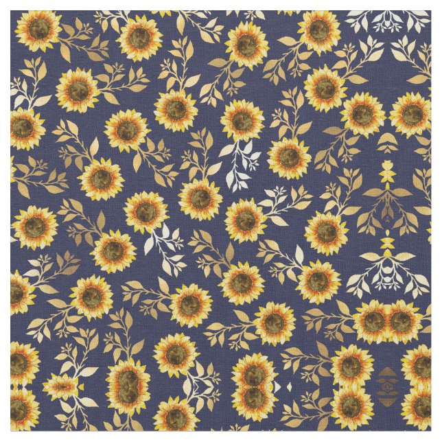 Tela Sunny Yellow Gold Navy Sunflowers deja el patrón (De cerca)