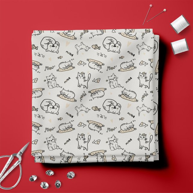 Tela Tan y blanco 😼 Ilustraciones de gato lindo (Tan and White 😼 Cute Cat Illustrations Fabric 
)