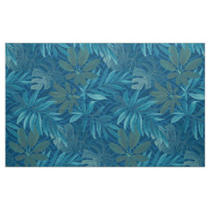 Tela Tejido botánico tropical azul de la marina de ép