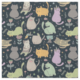 Tela Tejido de diseño de gatos y flores