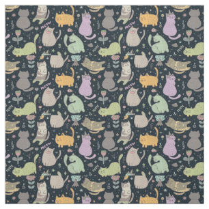Tela Tejido de diseño de gatos y flores