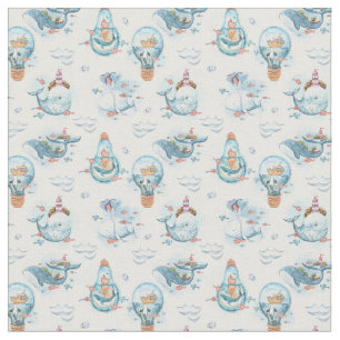 Tela Tejido de guardería de ballena azul y caprichoso
