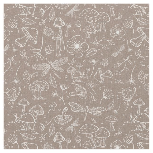 Tela Tejido de impresión botánica de hongos silvestres  (De cerca)