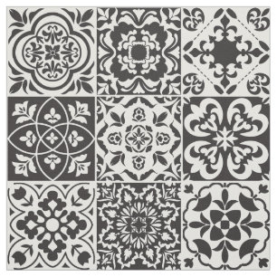 Tela Tejido de mosaico de granjas en blanco y negro