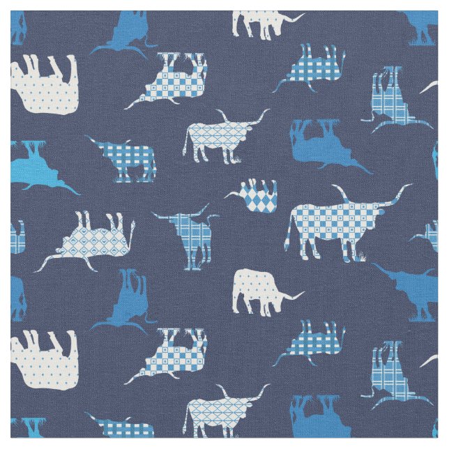 Tela Tejido de patrón de longhorns con estampado azul (De cerca)