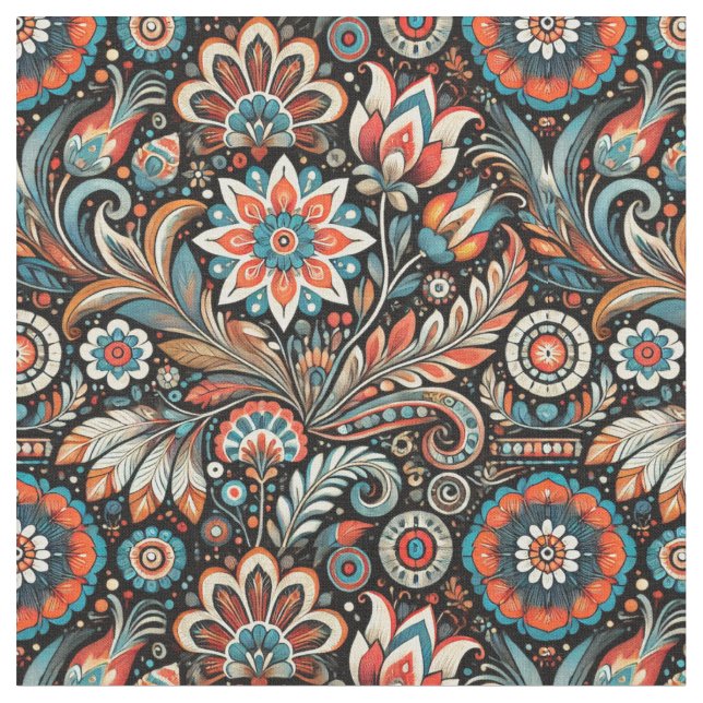 Tela Tejido floral bohemio negro (De cerca)