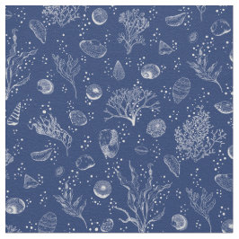 Tela Tejidos marinos y blancos con conchas y algas mari