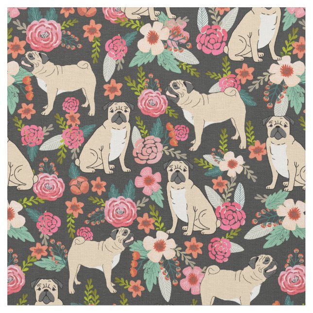 Tela Tejidos mascotas de tejidos Pug Florals (De cerca)
