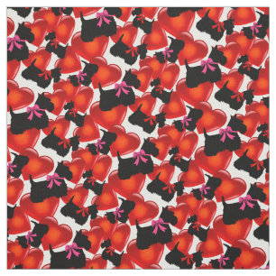 Tela Terrier escocés negro, corazones, lazo rojo/rosa