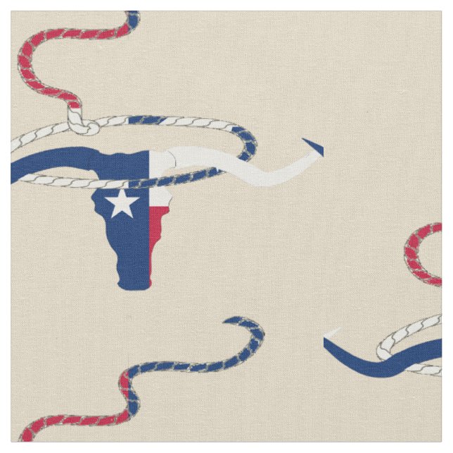 Tela Texas Flag Steer Head with Rope on lt tan fabric (De cerca)