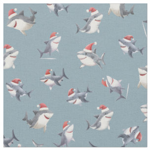 Tela Tiburones de Navidad Lanzados sobre Gris Claro-Azu