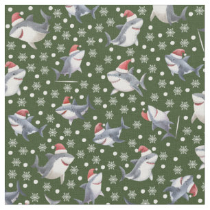 Tela Tiburones de Navidad y copos de nieve sobre verde 