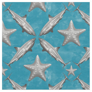 Tela Tiburones Starfish Ocean Life Nautical Coastal Blu