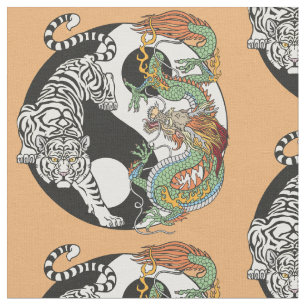Tela Tigre blanco contra dragón verde en Yin yang