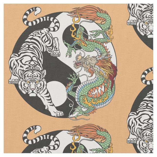 Tela Tigre blanco contra dragón verde en Yin yang (De cerca)