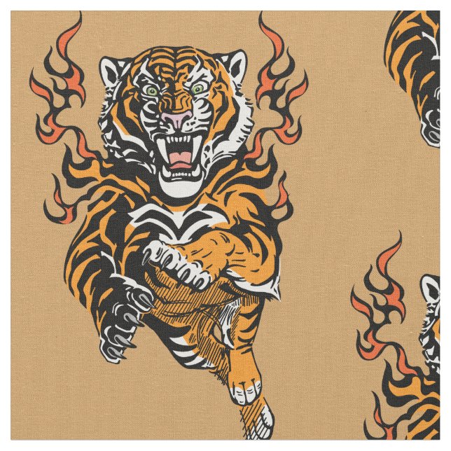 Tela Tigre enojado en lenguas de llama (De cerca)