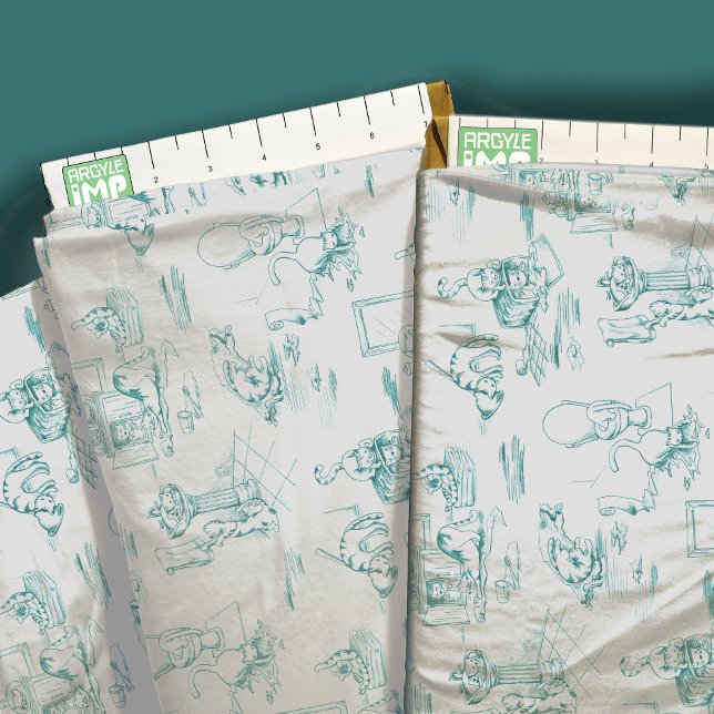 Tela Toile Aqua Blue Kitty Cat Bathroom (close-up with ruler)