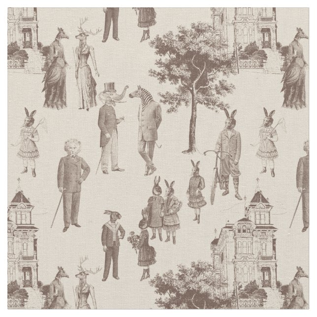 Tela toile beige marrón de animales victorianos antiguo (De cerca)