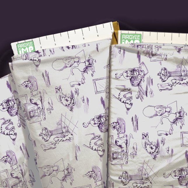 Tela Toile Purple Kitty Cat Bathroom (close-up with ruler)
