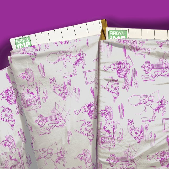 Tela Toile Purple Kitty Cat Bathroom (close-up with ruler)