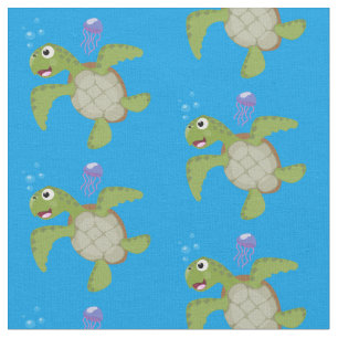 Tela Tortuga marina verde suave feliz ilustracion perso