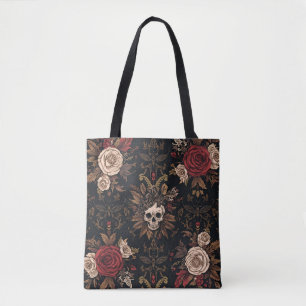 Tela Tote de Rosas y Restos – Bolso de Cráneo Floral Gó