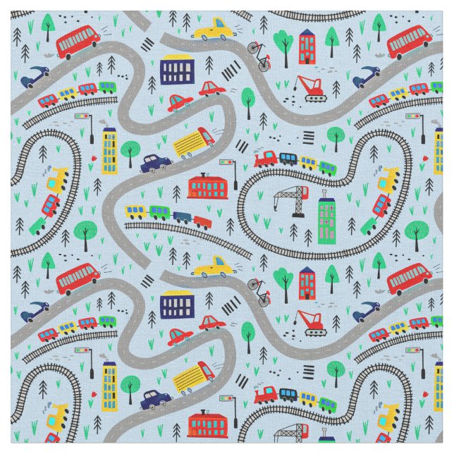 Tela Trenes Cars Bus Road Railroad Track en azul pálido (De cerca)