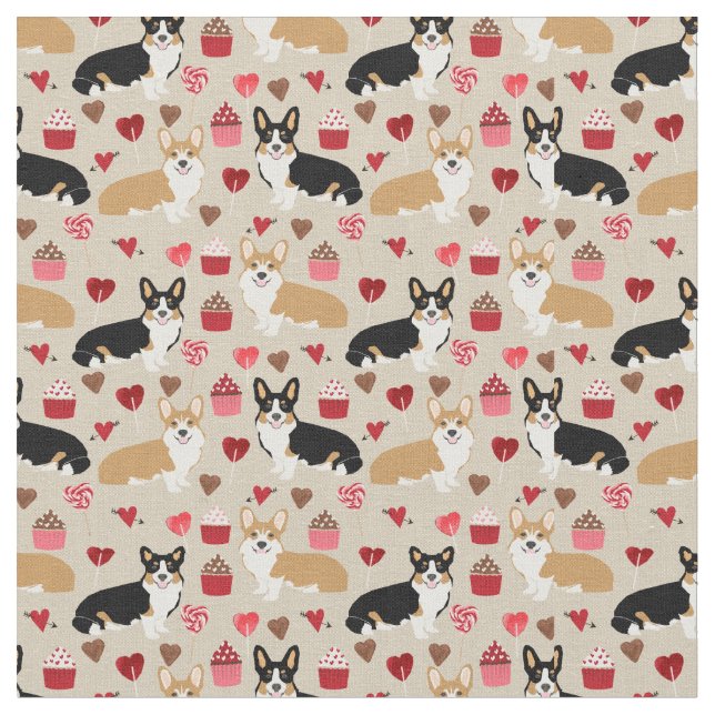 Tela Tri y Red Corgi Valentines Fabric (De cerca)