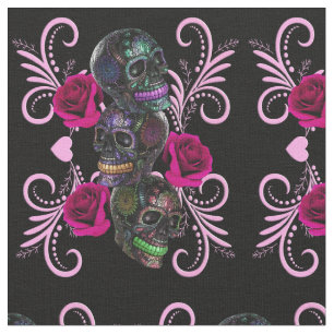 Tela Triple Día Negro De Los Cránulos Muertos Rosas Ros