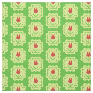 Tela Tulipanes rojos sobre verde - Patrón floral retro 