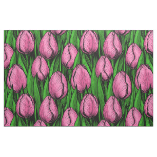 Tela Tulipanes rosados con hojas verdes