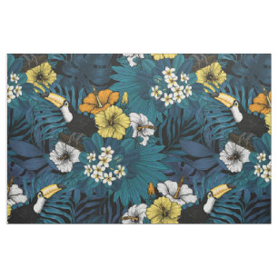 Tela Turcanos y flora tropical, azul , amarillo , naran