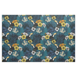 Tela Turcanos y flora tropical, azul , amarillo , naran