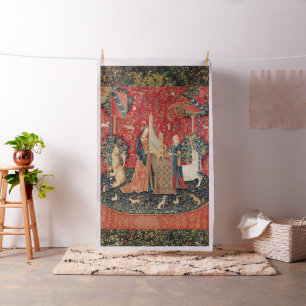 Tela UNICORN Y DAMA JUGANDO LA Flora Verde Roja DEL ÓRG