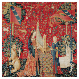 Tela UNICORN Y DAMA JUGANDO LA Flora Verde Roja DEL ÓRG