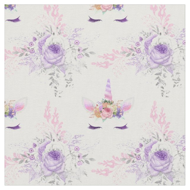 Tela Unicornio se enfrenta con flores moradas en blanco (De cerca)